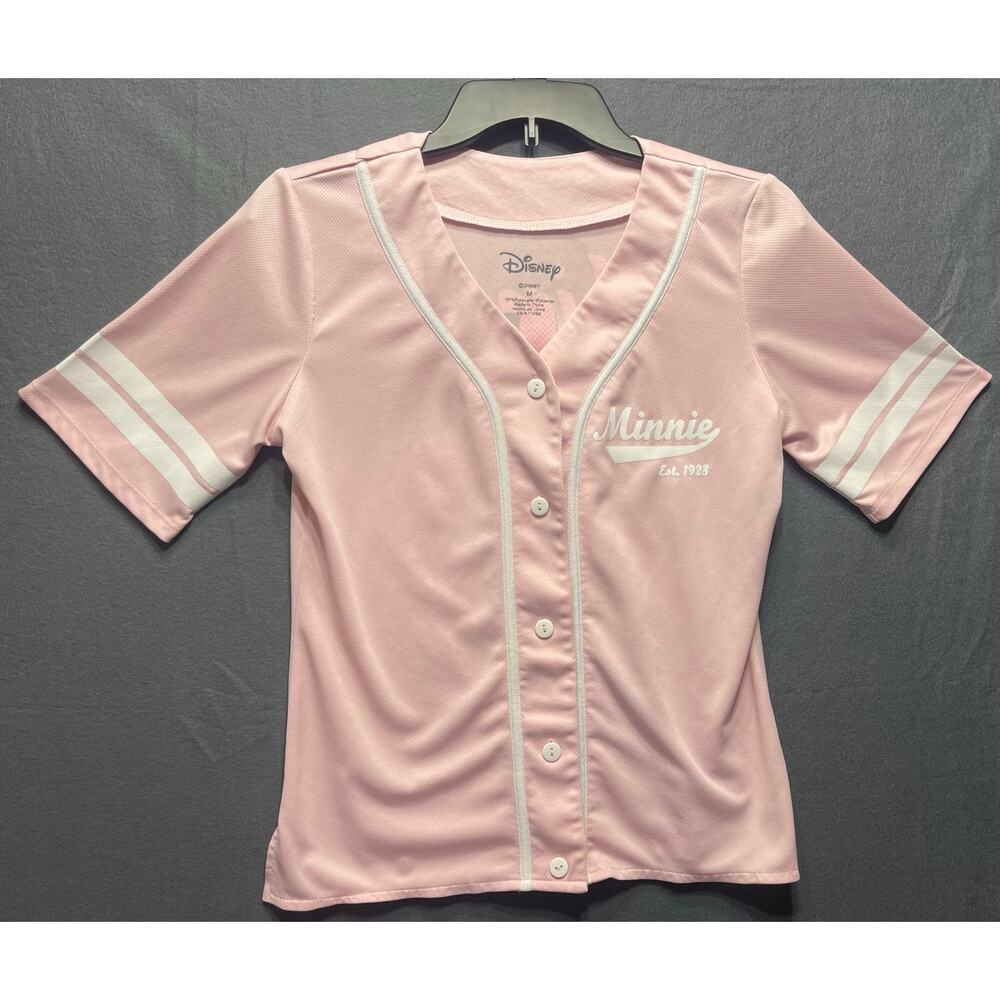 Disney Minnie Mouse baseball-style button-up shirt in pastel pink. Size M.